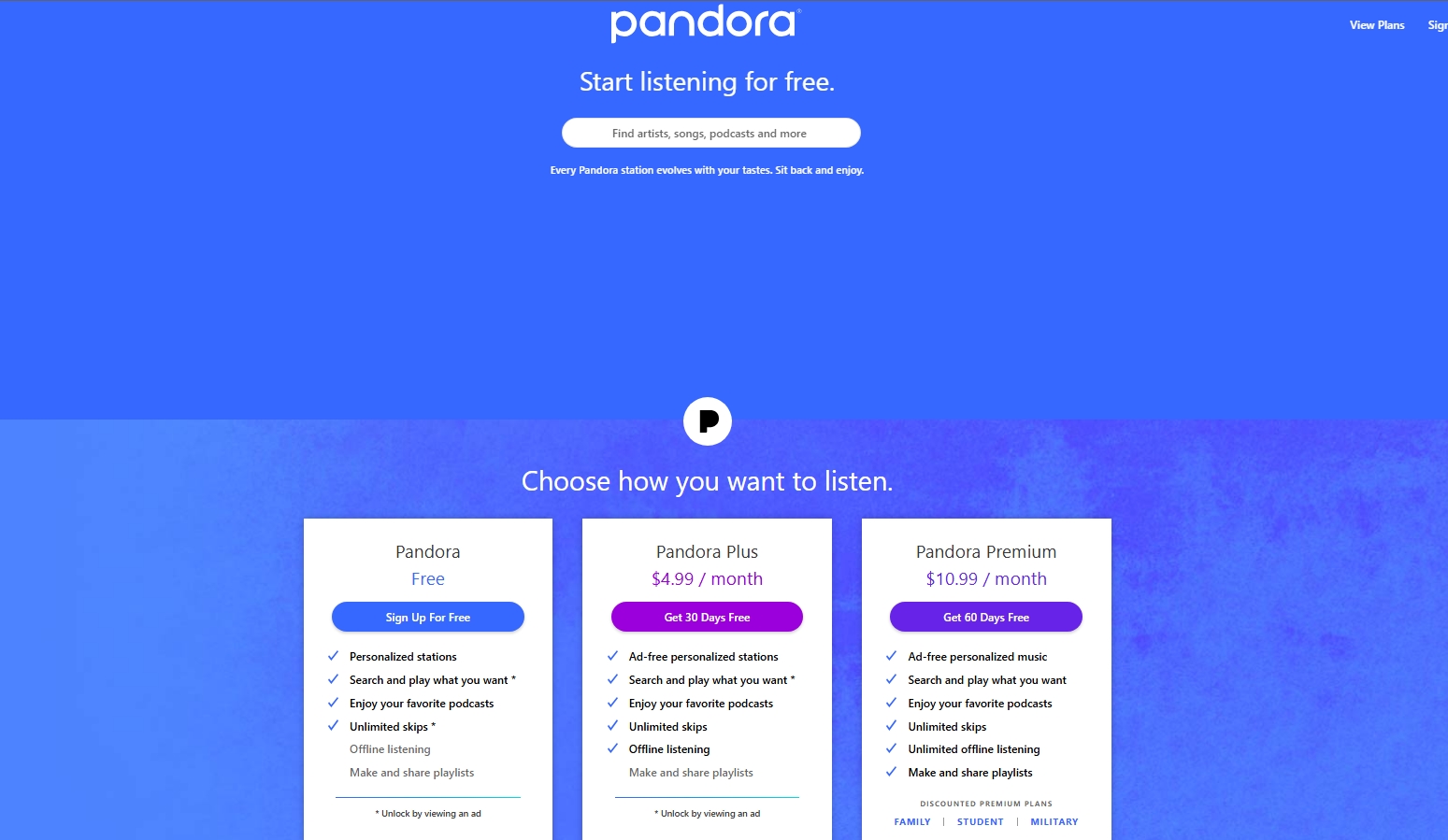 Pandora subscription plan options showing Free, Plus ($4.99/month), and Premium ($10.99/month) tiers