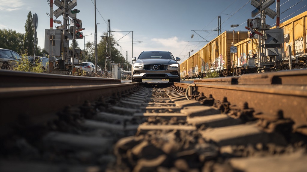 A car parked directly on active railroad tracks with freight trains visible on both sides