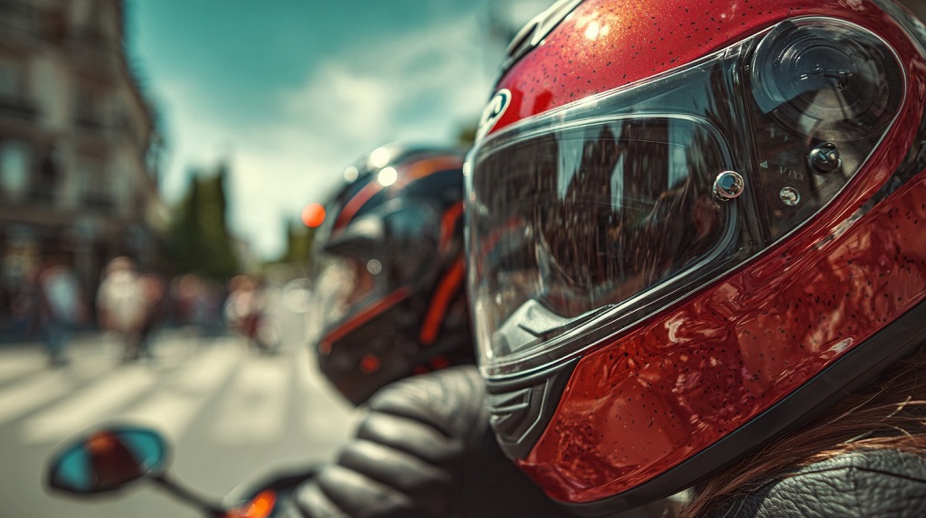 Close-up of two motorcyclists wearing full-face helmets, with city streets and pedestrians blurred in the background