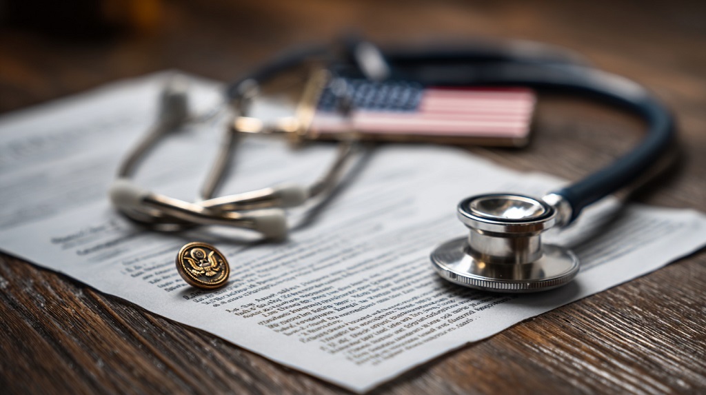 A stethoscope and government emblem pin placed on an official document, with a small U.S. flag in the background – symbolizing healthcare policy and legislative solutions