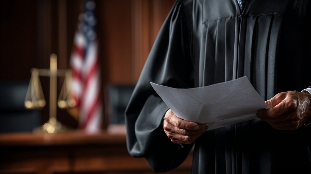 Judge in a black robe holding legal papers in a courtroom, with U.S. flag and scales of justice in the background