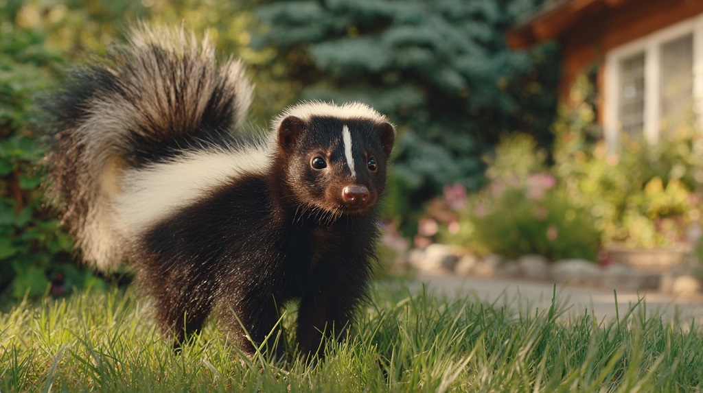 A black and white skunk standing on green grass in a backyard garden near a house