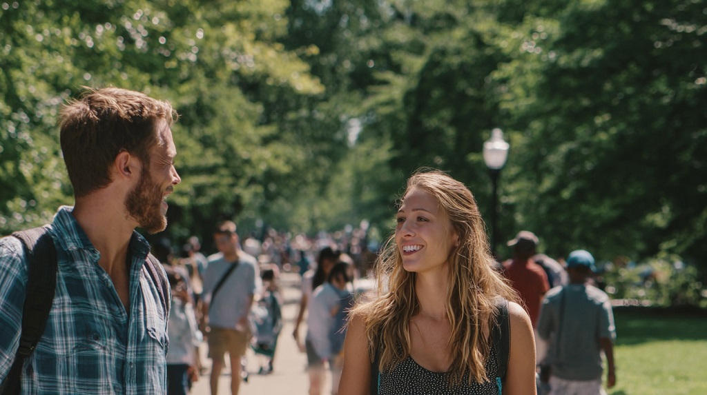 Smiling young man and woman walking outdoors in a park with a crowd in the background