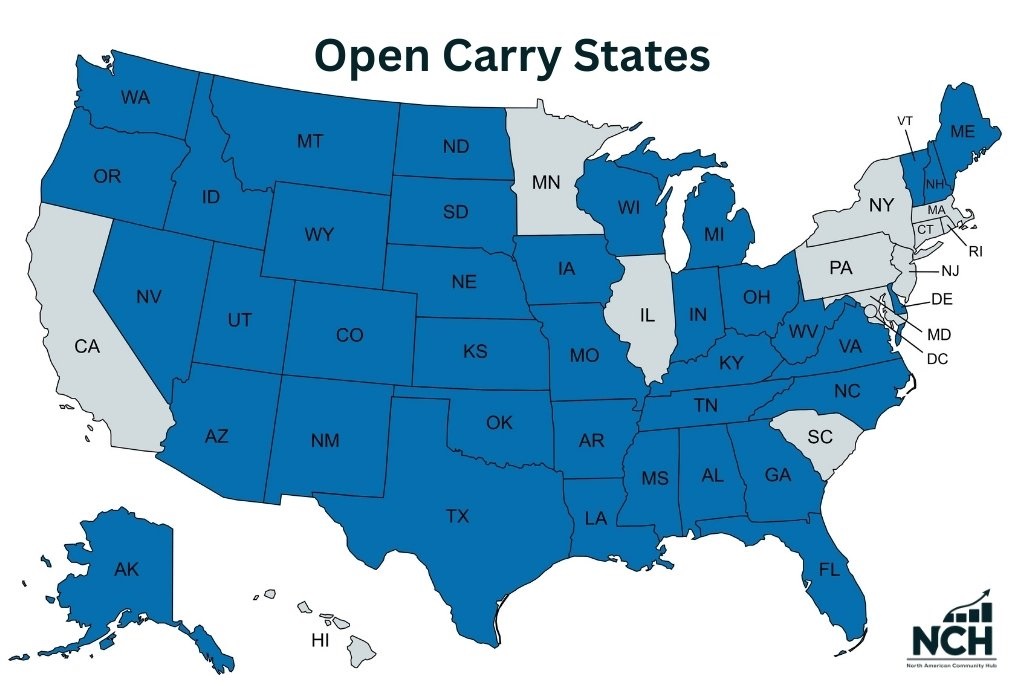 United States map with most states marked as open carry legal