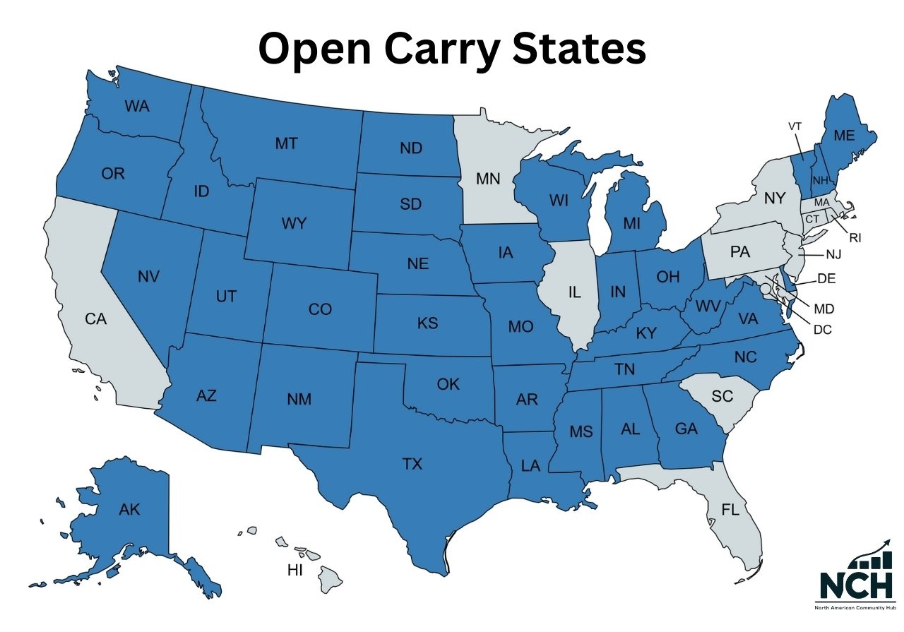 United States map with most states marked as open carry legal