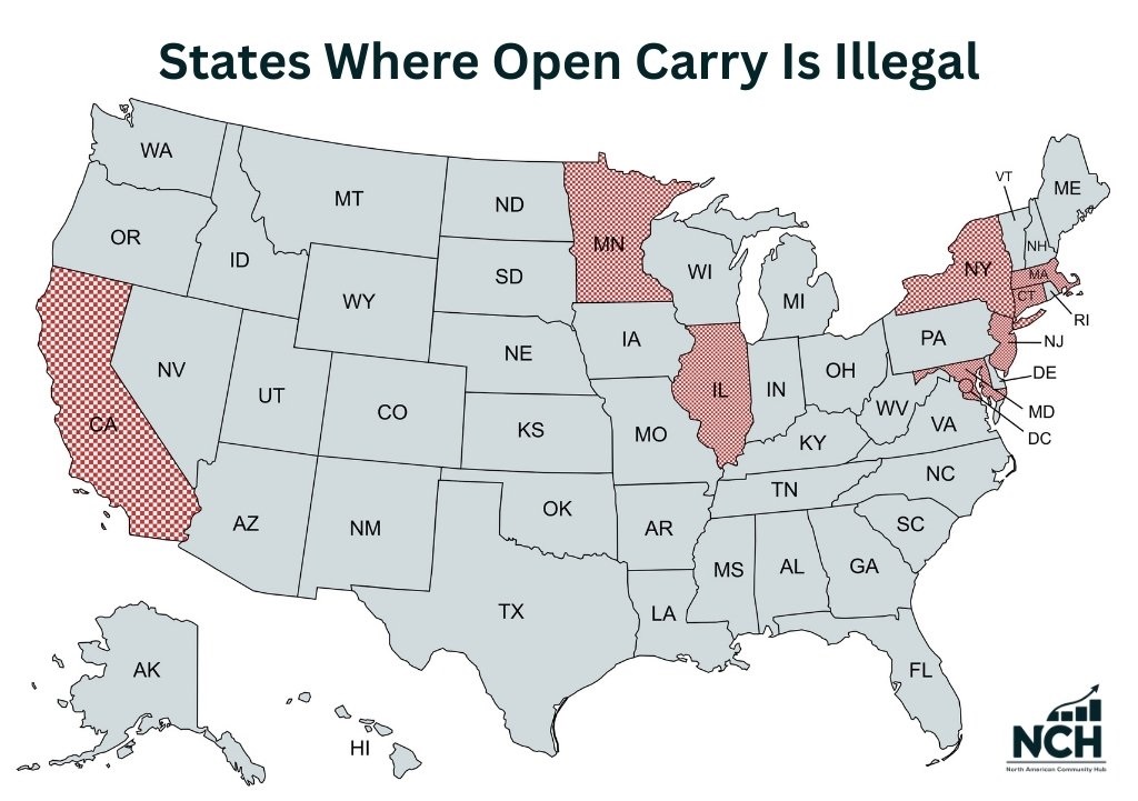 United States map showing states such as California, Florida, Illinois, New York, and Massachusetts where open carry is completely banned