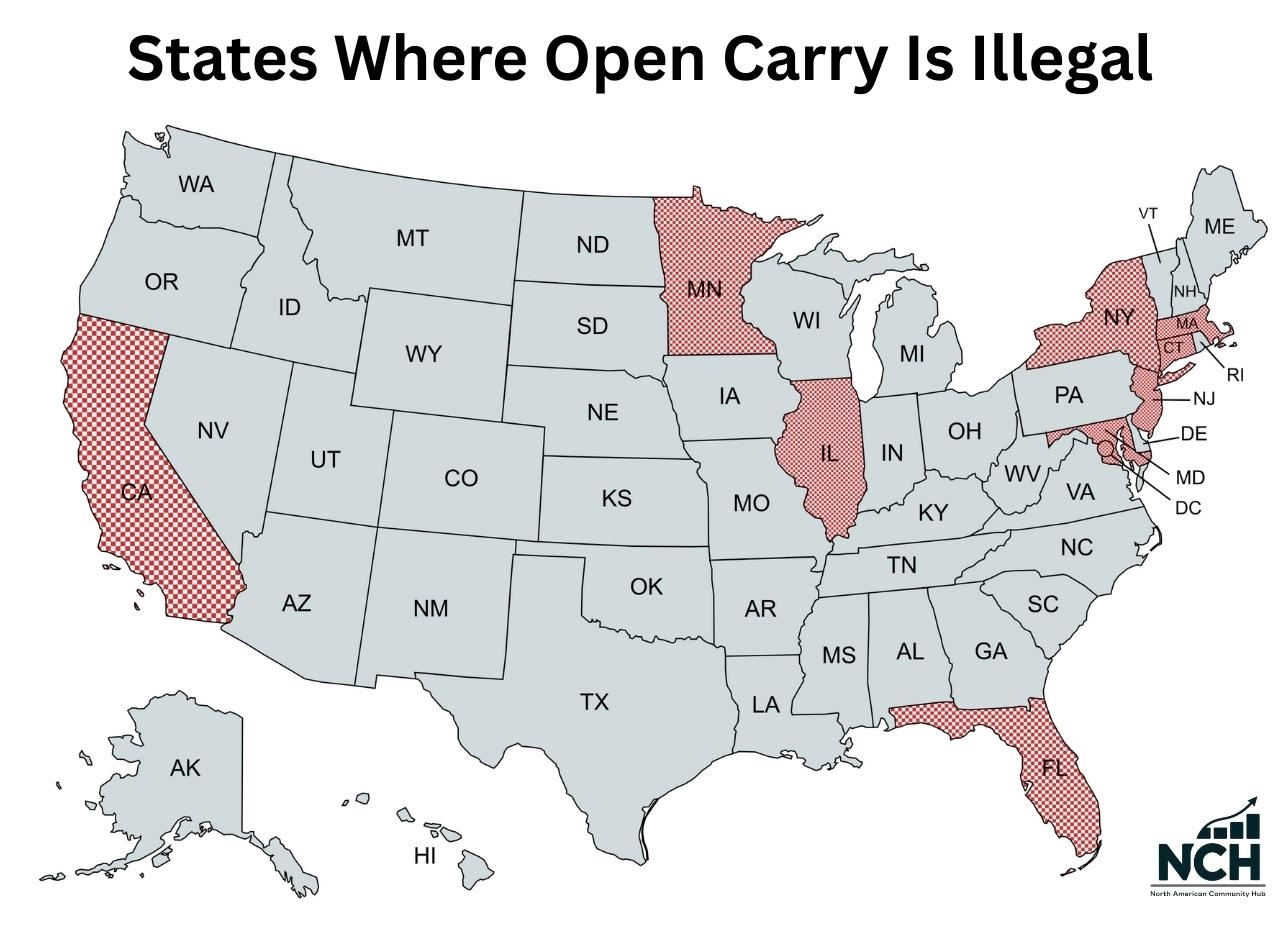 United States map showing states such as California, Florida, Illinois, New York, and Massachusetts where open carry is completely banned