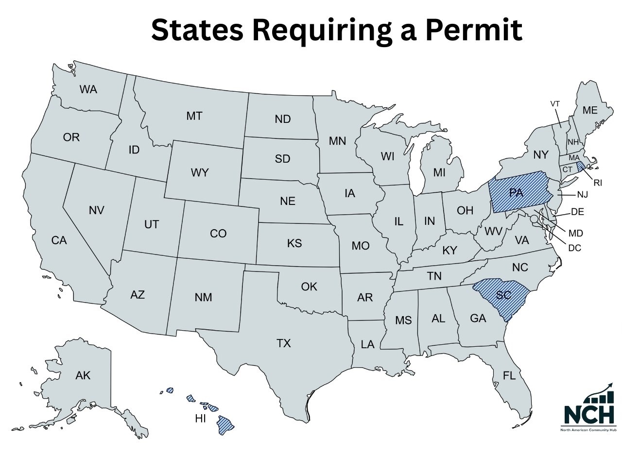 United States map highlighting states including Pennsylvania, Hawaii, North Carolina, and South Carolina where open carry is allowed only with a permit
