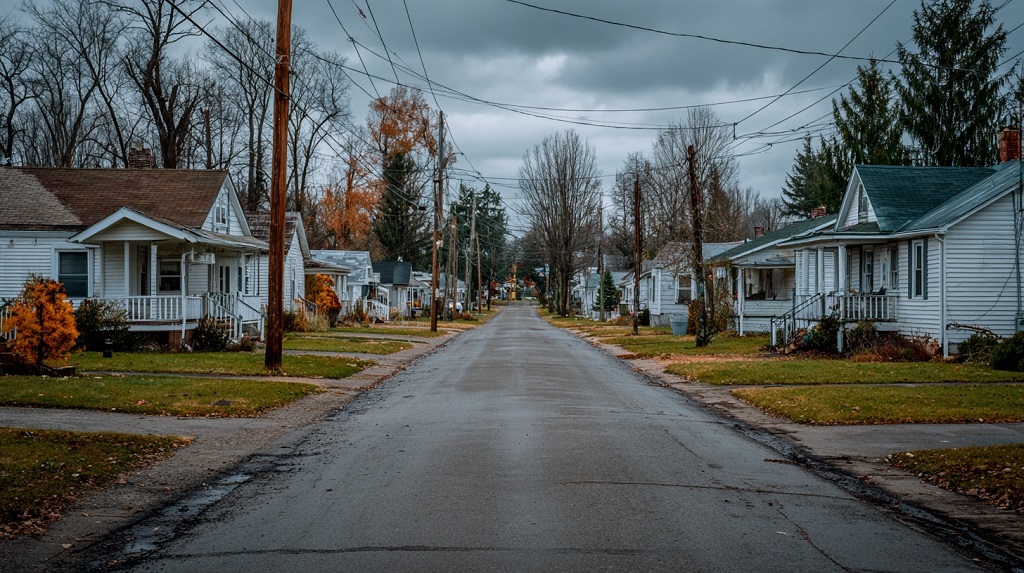 Empty residential street lined with small houses under a gray, overcast sky