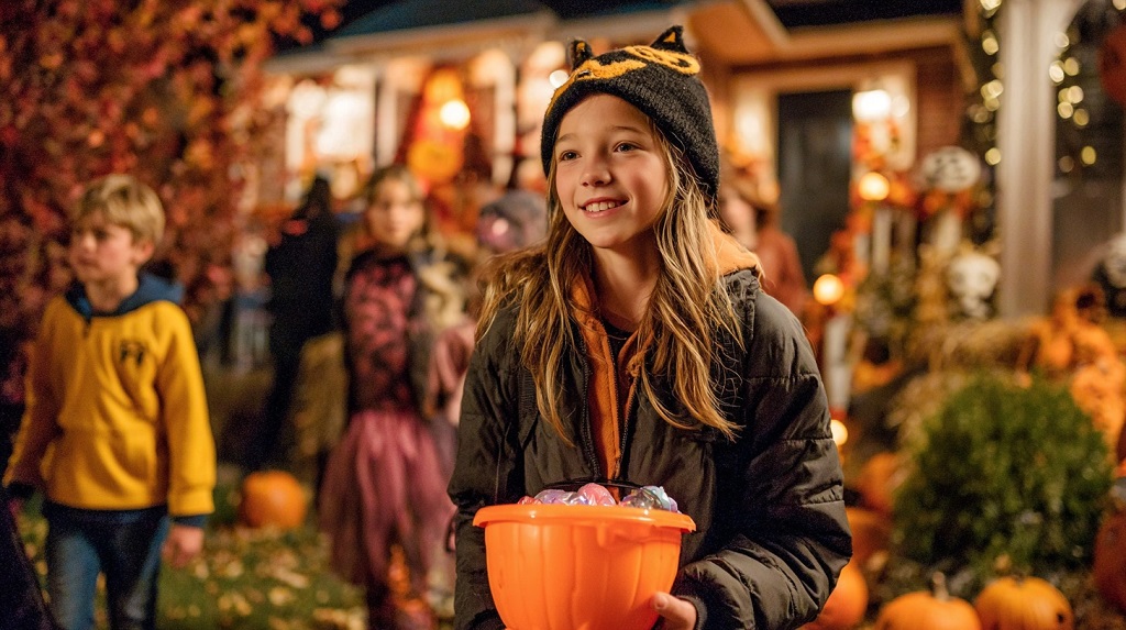 Smiling girl in a cat-ear hat holds a pumpkin bucket filled with candy while trick-or-treating on Halloween night, surrounded by kids and festive decorations