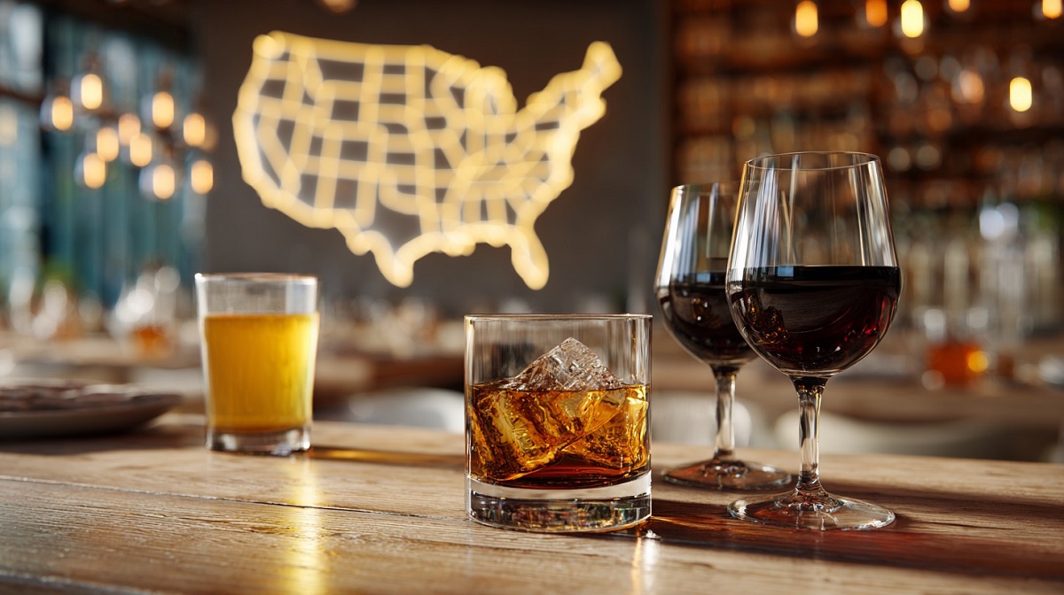 Beer, wine, and whiskey glasses on a bar table with a glowing map of the United States in the background, symbolizing states with the highest alcohol consumption