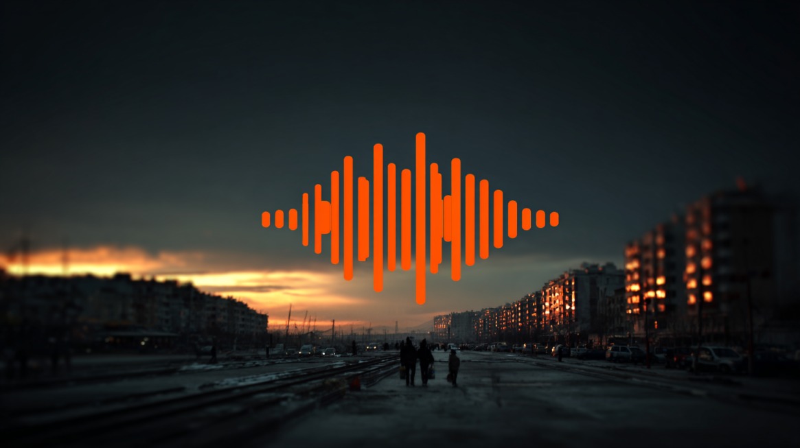 Orange soundwave graphic over a cityscape at sunset, symbolizing music streaming choices.