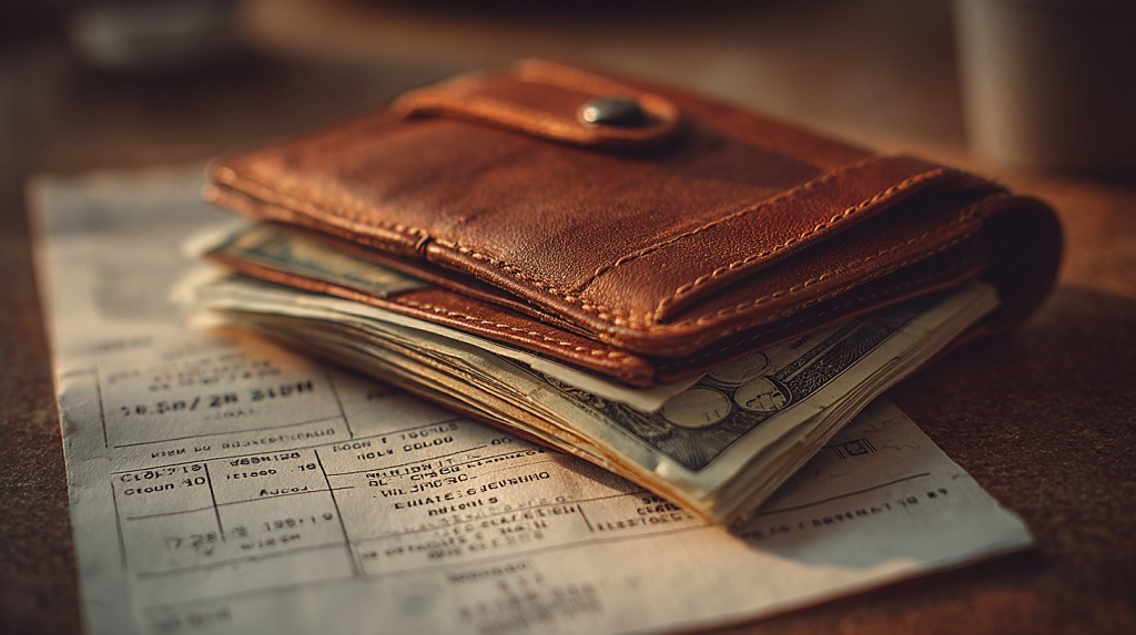 Leather wallet with cash placed on a medical receipt