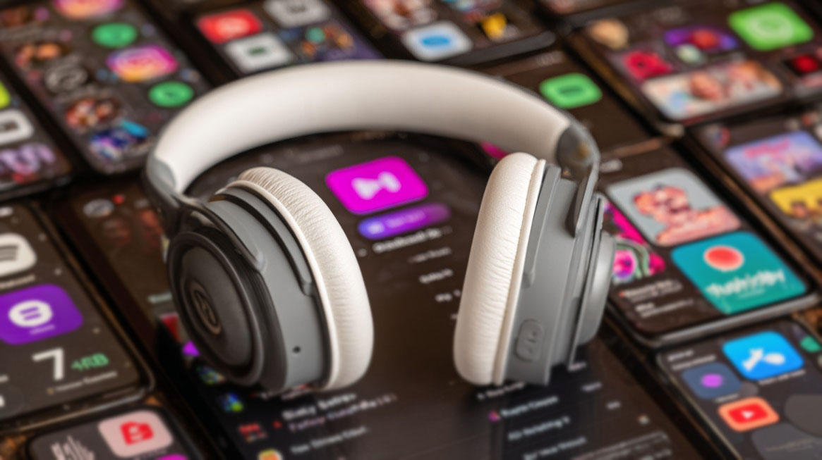 Close-up of headphones resting on smartphones displaying various music streaming app icons, including Spotify, Apple Music, and YouTube Music