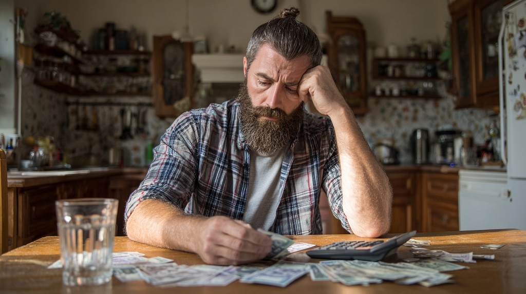 Worried man sitting at a kitchen table, counting cash with a calculator beside him