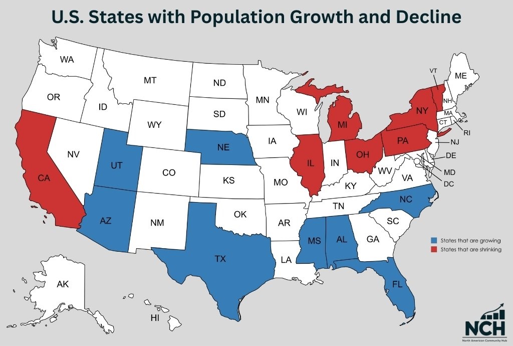 Map of the United States showing states with population growth in blue and states with population decline in red