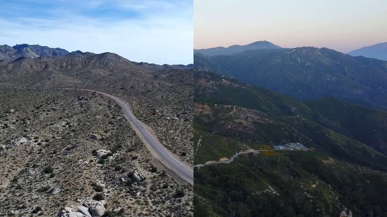 Aerial view showing the striking contrast within San Bernardino County, the dry Mojave Desert on one side and the green San Bernardino Mountains on the other