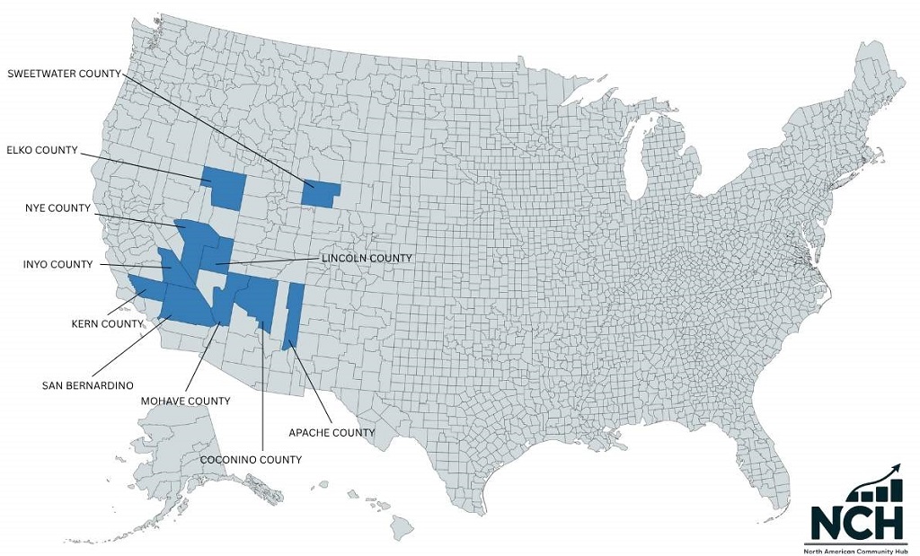 Map of the United States highlighting the ten largest counties by total land area, including San Bernardino County, Coconino County, and Nye County