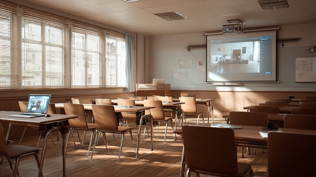 Empty classroom with laptop and projector prepared for hybrid instruction