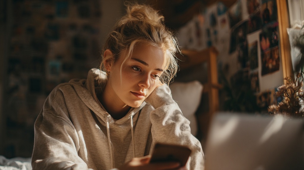 Young woman sitting indoors, wearing a gray hoodie, looking thoughtfully at her smartphone with warm sunlight illuminating her face