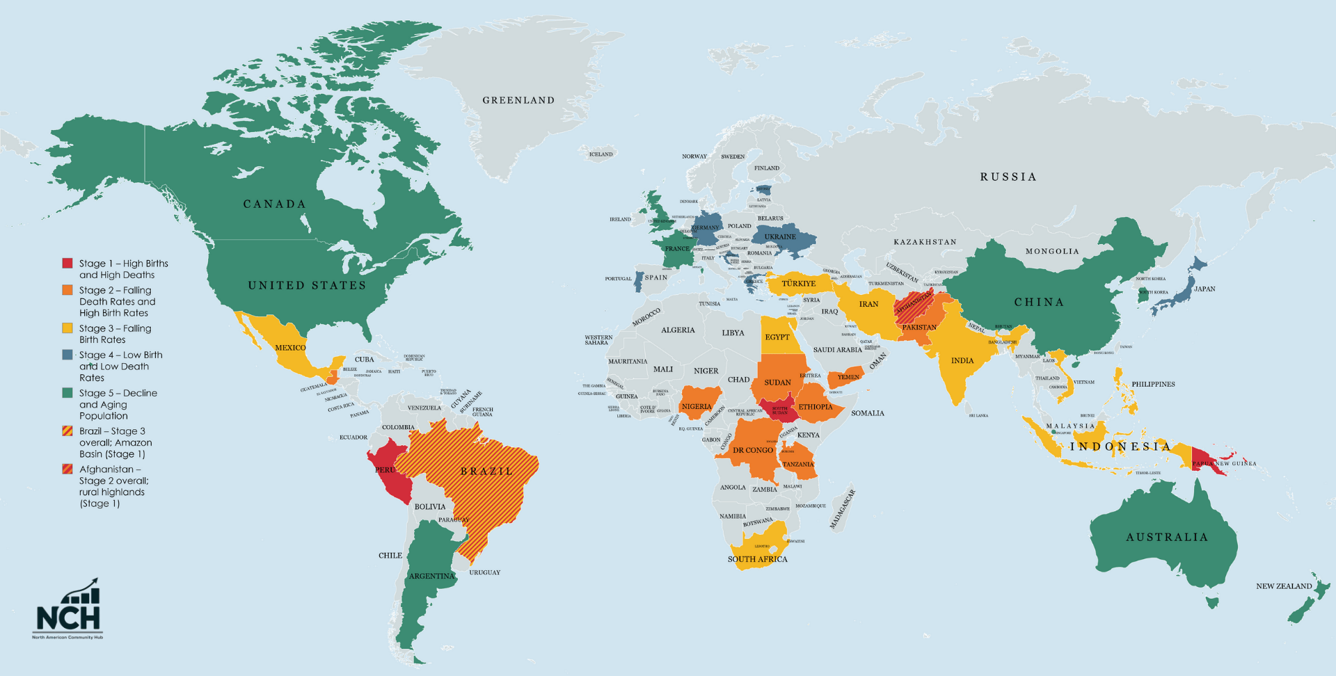 World map showing the five stages of the Demographic Transition Model, color-coded by country. Includes transitional regions in Brazil and Afghanistan, highlighting differences between urbanized and rural populations