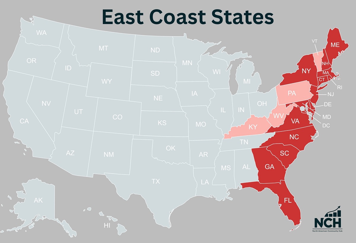 Map of the United States showing East Coast states highlighted in red, including Maine through Florida, and nearby inland states such as Pennsylvania, West Virginia, and Kentucky