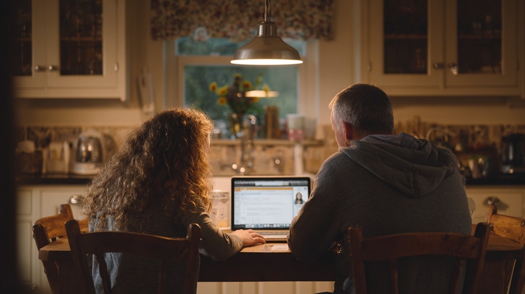 Parent and student reviewing an online college course together at home