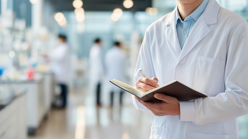 A researcher in a white lab coat writing notes in a modern laboratory