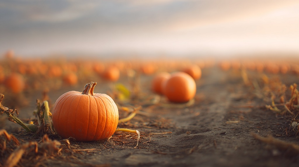 Close-up of a pumpkin resting on the soil in a wide autumn field at sunrise, with more pumpkins scattered in the blurred background