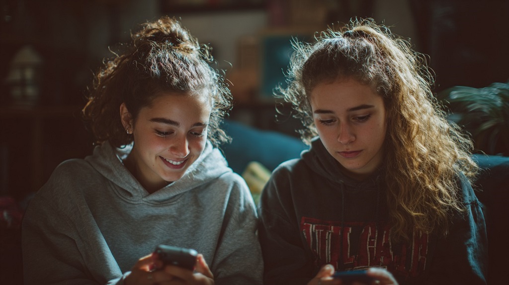 Two teenage girls sitting close together indoors, both wearing hoodies and holding smartphones, one smiling while the other looks serious, with soft natural light highlighting their faces