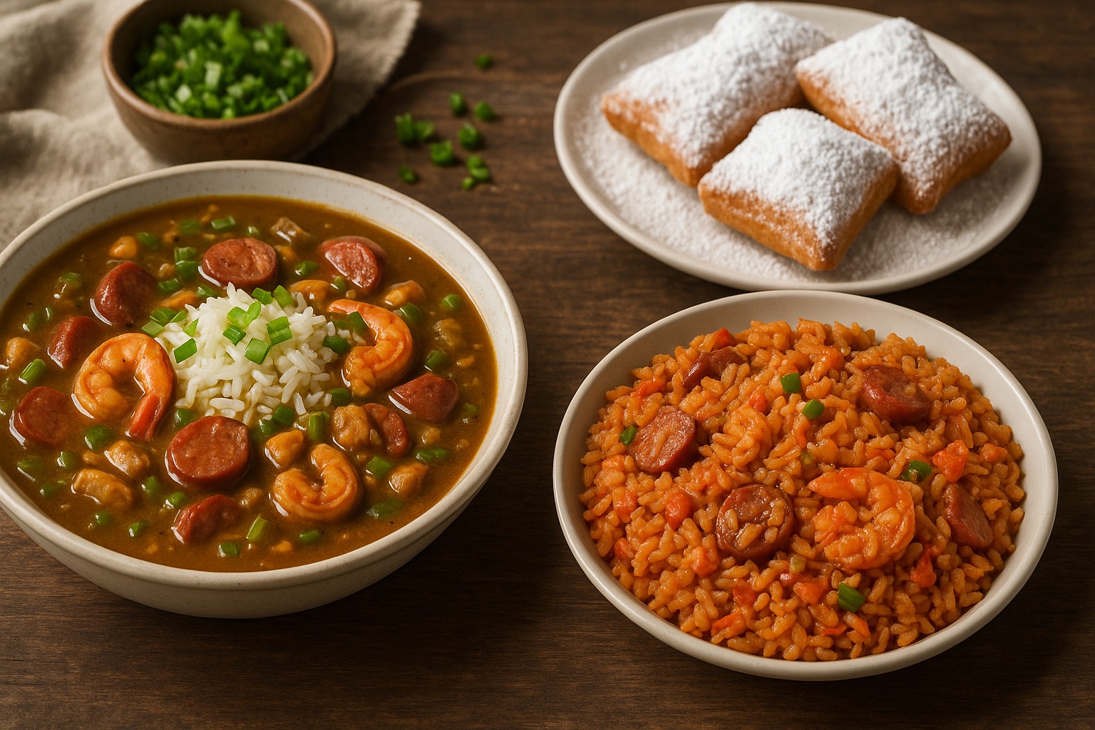 Image of gumbo, jambalaya, and beignets