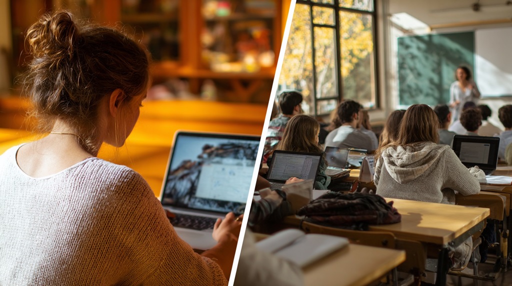 Split image showing one student learning online at home and another group attending class in person