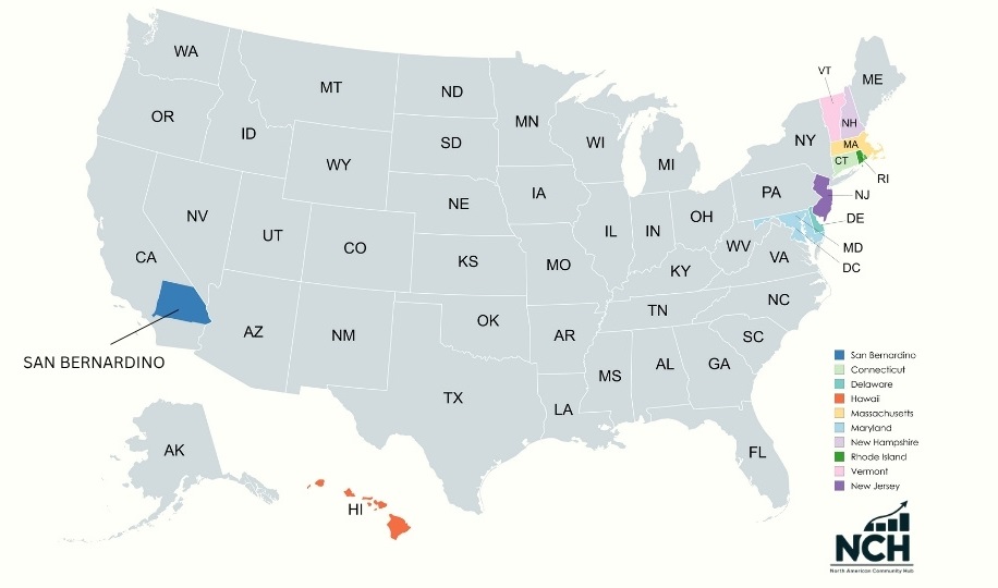 Map of the United States highlighting San Bernardino County and the nine smaller U.S. states for size comparison