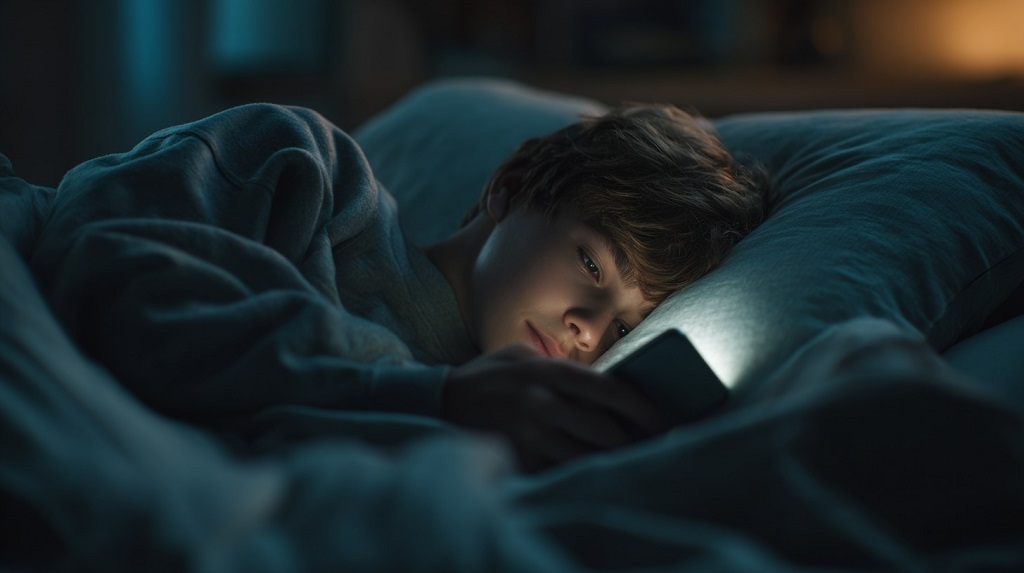 Teenage boy lying in bed at night, illuminated by the light of his smartphone screen, wearing a gray sweatshirt
