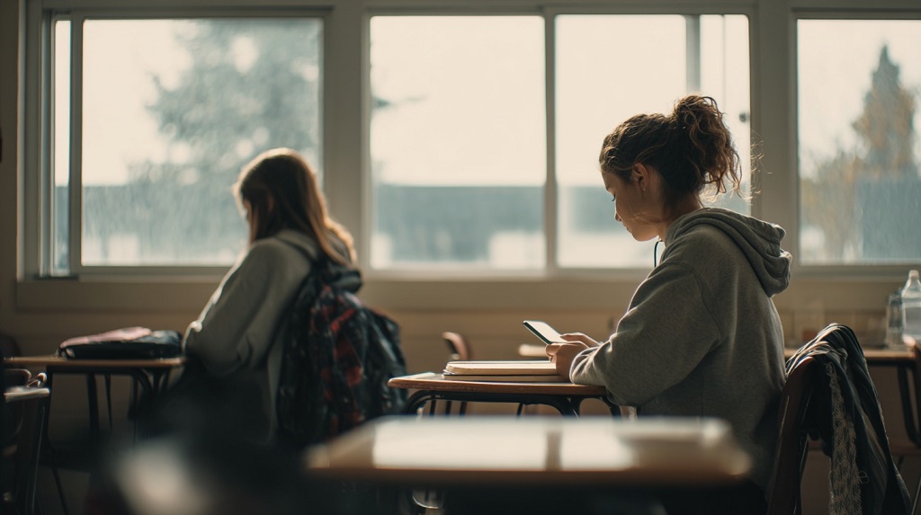Two high school students sitting quietly in a classroom during daytime, one looking down at a smartphone while the other gazes out the window
