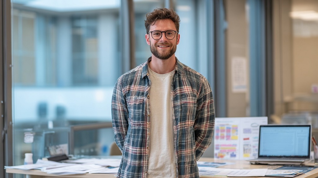 A smiling researcher standing in an academic office with papers and computer in the background