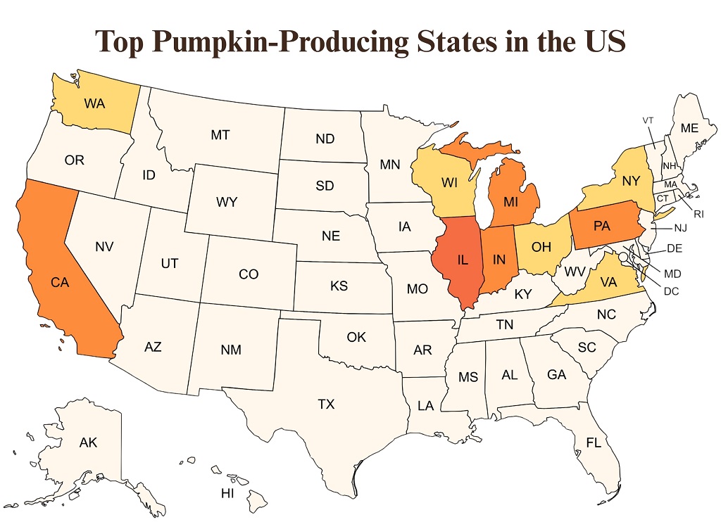 Illinois leads the nation in pumpkin production, followed by Indiana, Pennsylvania, California, and Michigan โ together supplying the majority of Americaโs pumpkins