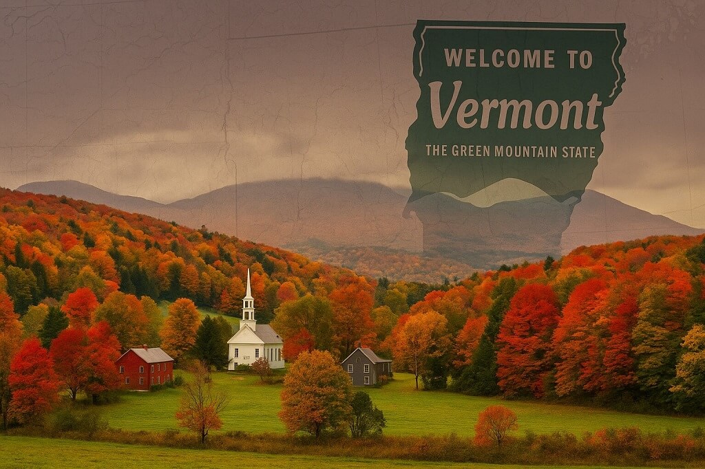 Autumn view of Vermont countryside with colorful forests, a white church, and โWelcome to Vermont โ The Green Mountain Stateโ map overlay