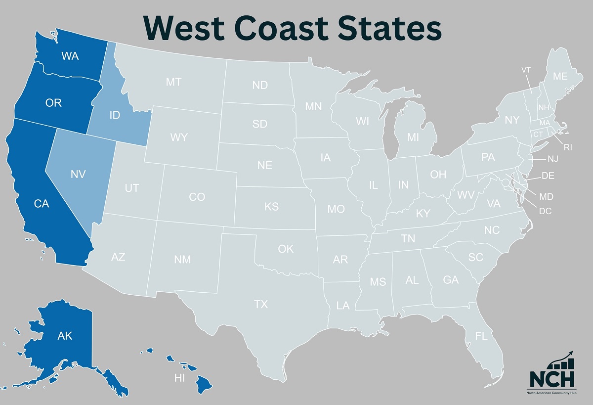Map of the United States highlighting the five West Coast states โ California, Oregon, Washington, Alaska, and Hawaii, along with nearby inland states Nevada and Idaho