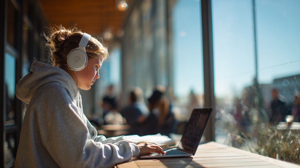 Student attending an online class on a laptop in a bright study area
