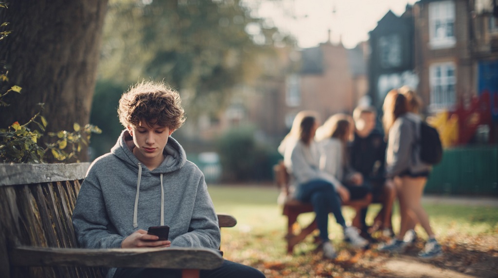 Teenage boy sitting alone on a park bench looking at his phone while a group of peers talks in the background, evoking social isolation and feelings of exclusion linked to adolescent anxiety and depression