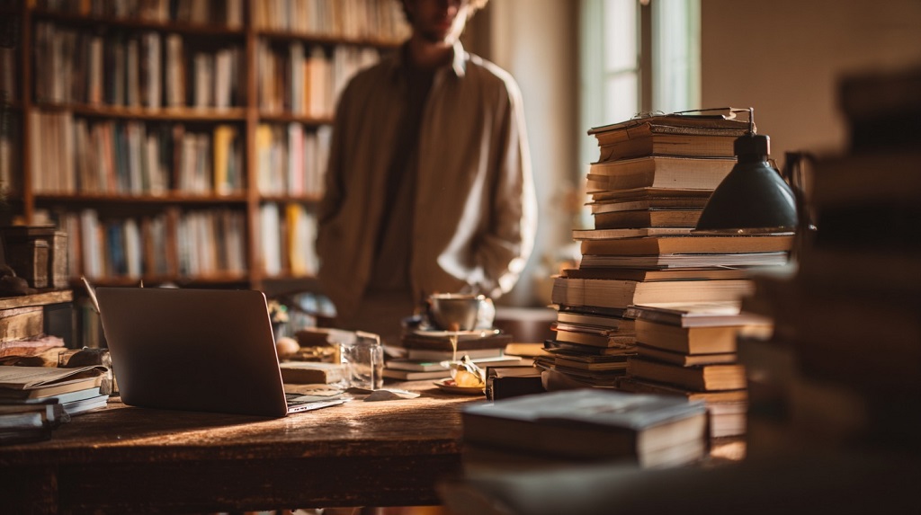 A person standing in a study room filled with books and a laptop on the desk