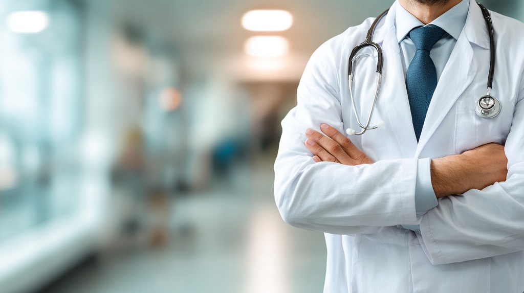 A medical doctor in a white coat with arms crossed in a hospital hallway