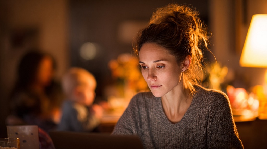 Woman studying online at home in the evening while her family is in the background