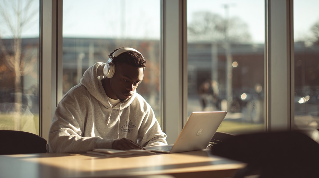 Student studying with laptop and headphones in a university space