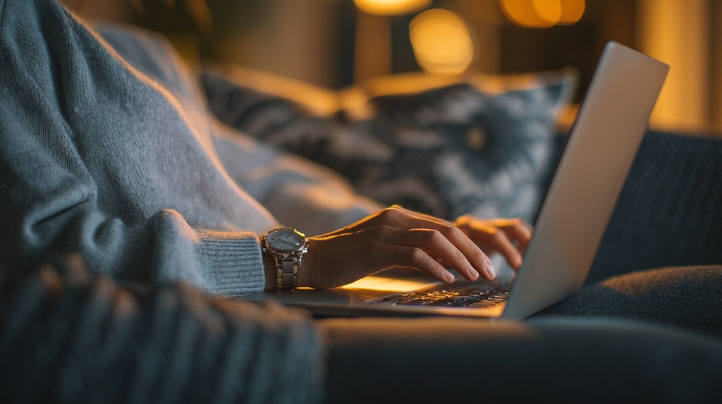 Close-up of hands typing on a laptop at night, warm light creating a calm atmosphere