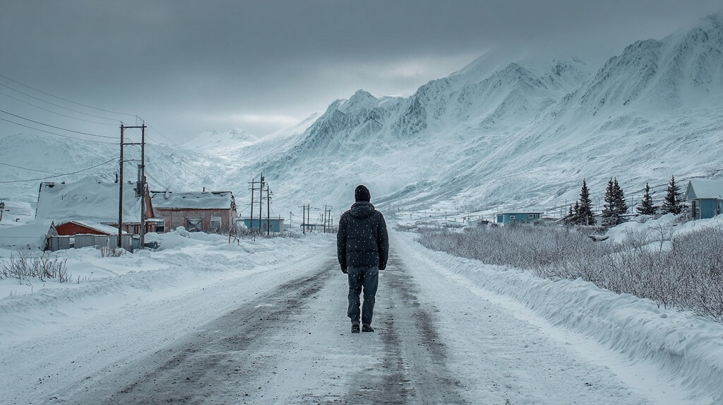 A person walking alone on a snowy road through a small Alaskan town, surrounded by mountains and overcast sky, depicting isolation and harsh winter conditions
