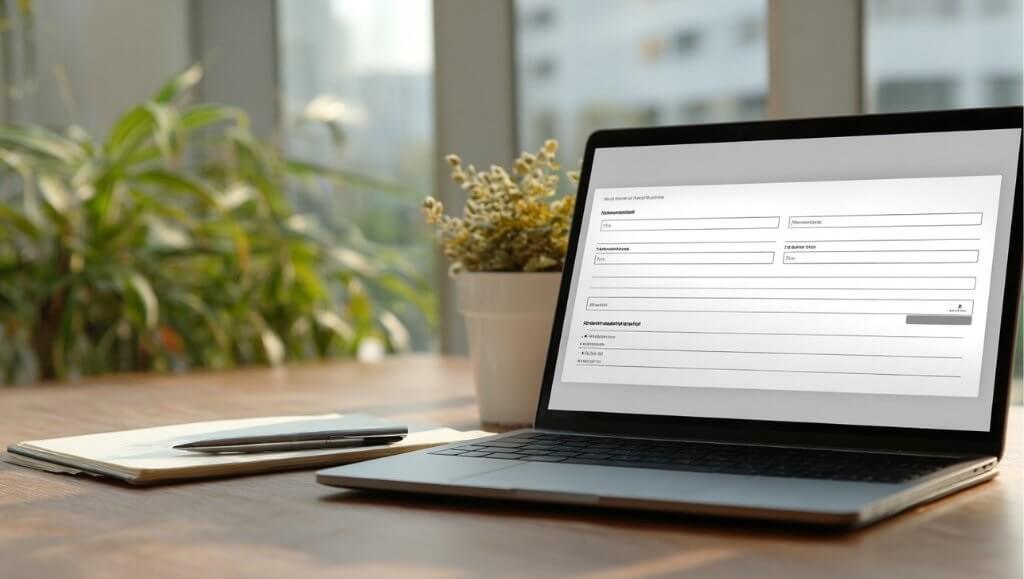 Laptop on a desk displaying a simple online registration form, with plants in the background