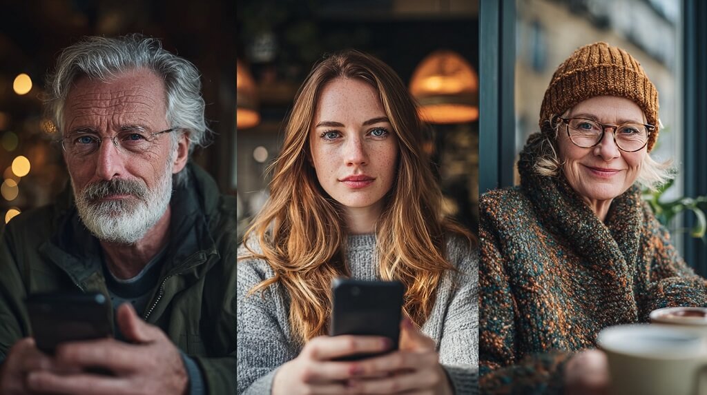 Group of older and younger adults using their phones, showing how different age groups engage with dating apps
