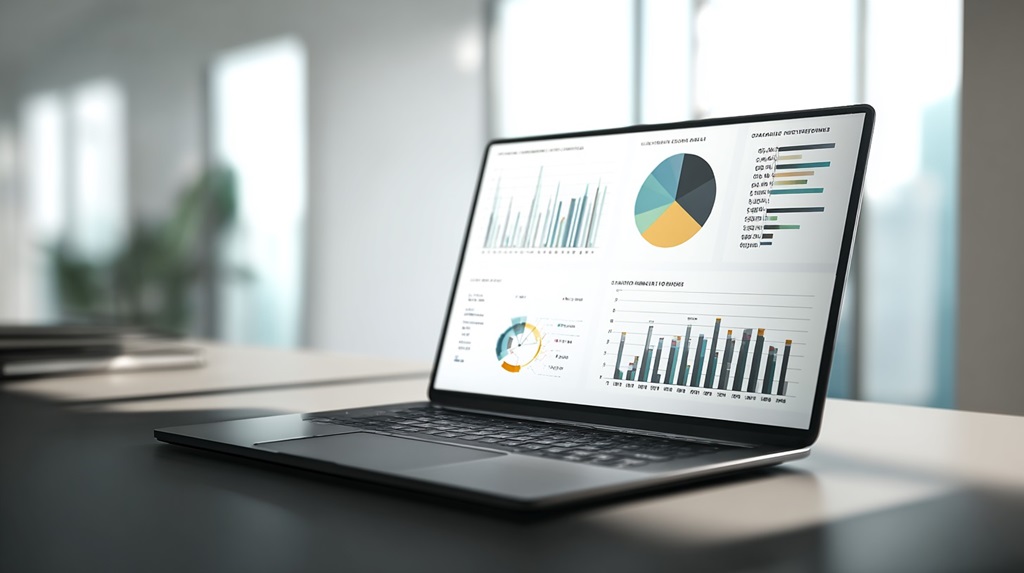 Laptop displaying financial charts and pie graphs, representing dividend ETFs, portfolio diversification, and passive investment income